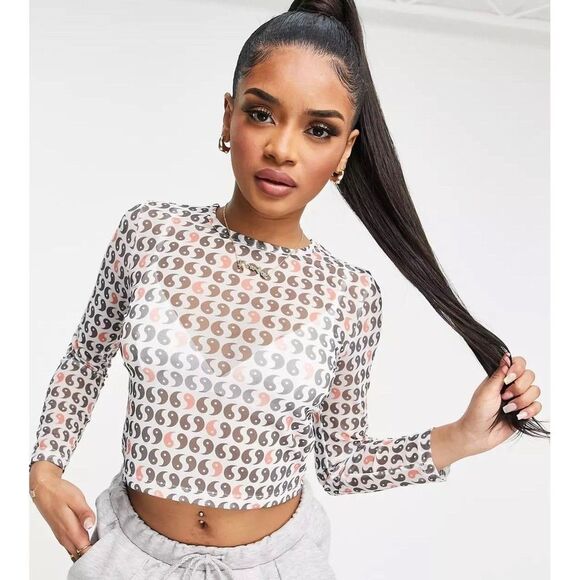 Asos White Sheer Long Sleeve Crop Top Brown and Orange Yin Yang Pattern Size 2P - Picture 11 of 11